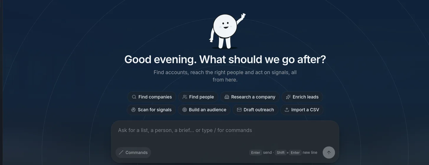 OpenGTM chat workspace with sourcing, enrichment, and signal quick actions above the message composer